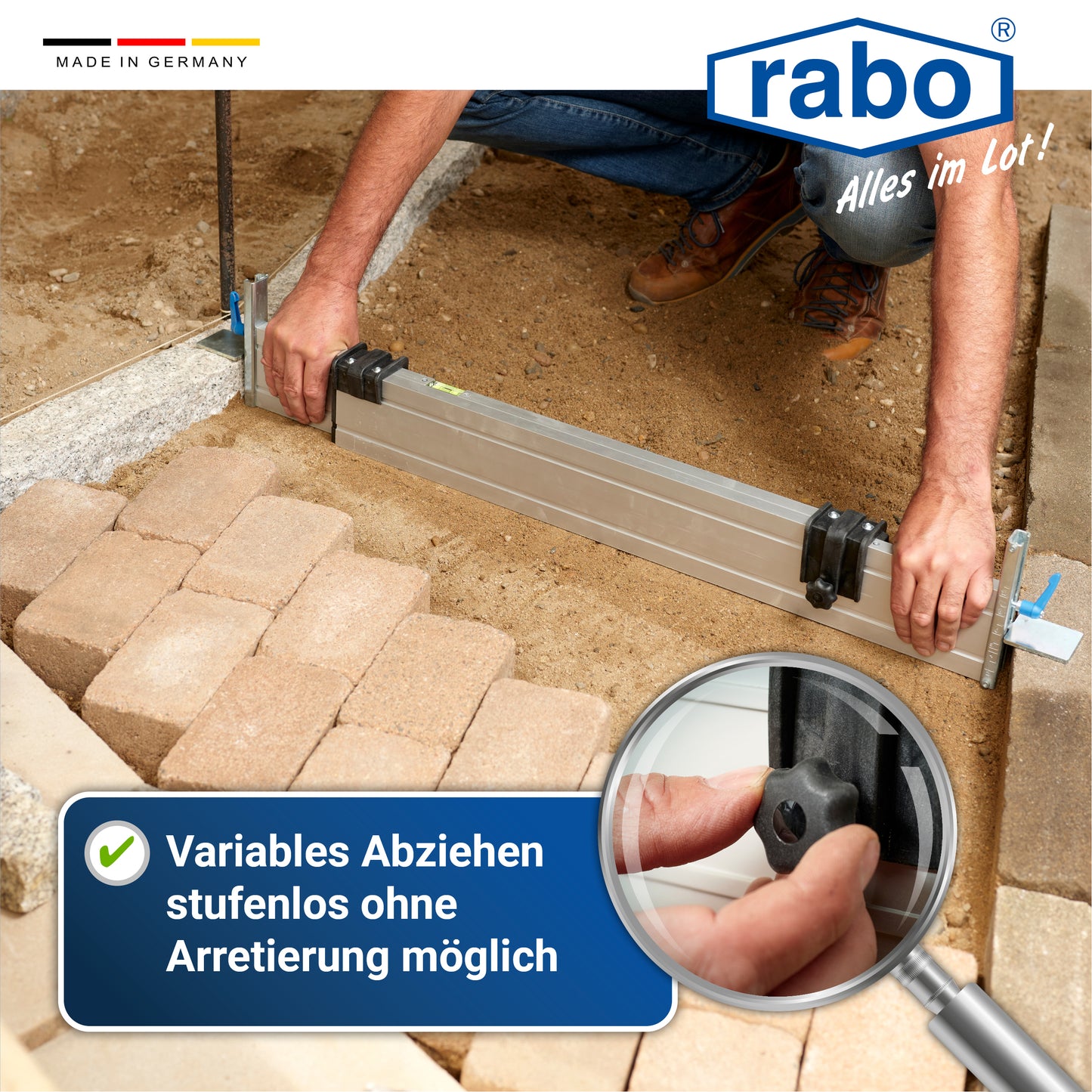 rabo continuously adjustable screed rail with a working width of 1.00-1.60m for outdoor use with 2 variable height stops from 0-11 cm