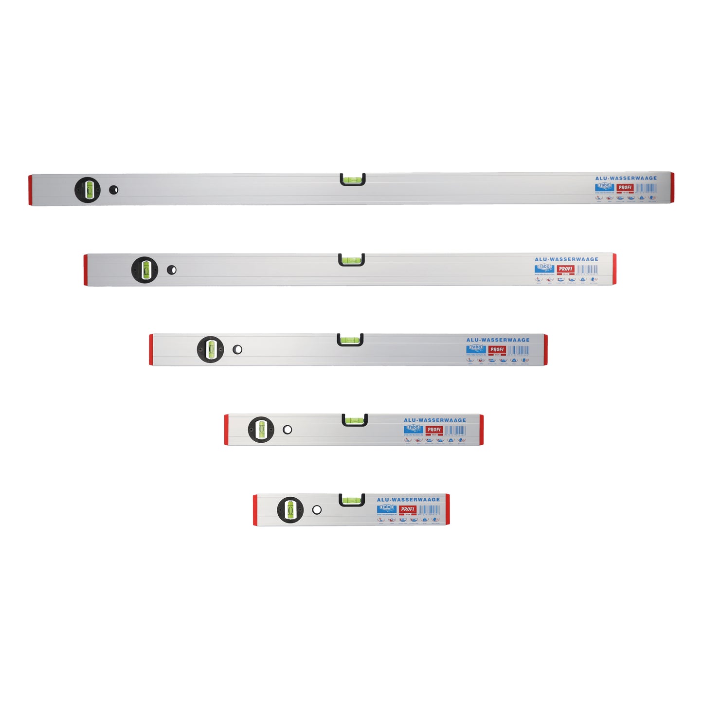rabo Alu-Wasserwaagen Set, 5-teilig: 30 + 40 + 60 + 80 + 100 cm, Wasserwaagen für präzises horizontales und vertikales Messen