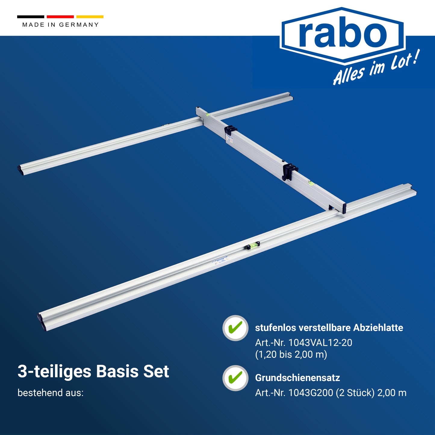 jauge de remplissage à sec Rabo en 3 parties | 2 rails de base 2m | 1 barre de nivellement réglable en continu 1,20-2m | ensemble de base 