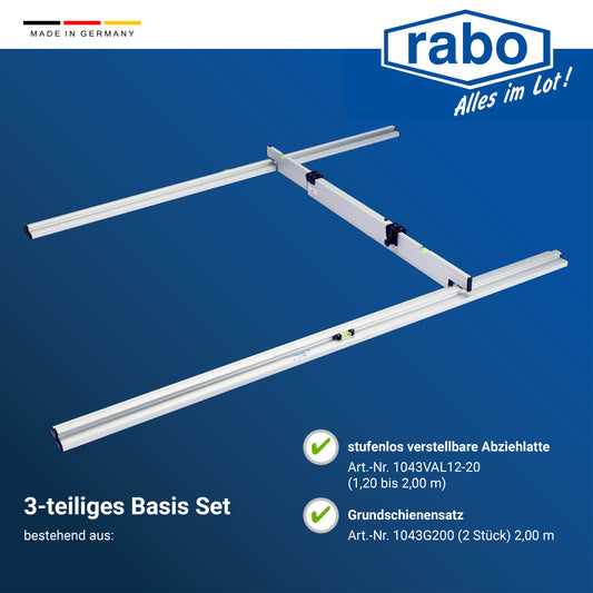 rabo Trockenschüttungslehre Basis-Set | 3-teilig | 1 stufenlos verstellbare Abziehlatte 1,20-2m | 2  Grundschienen 2m