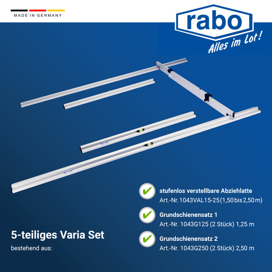rabo Trockenschüttungslehre Varia-A Set | 5-teilig | 1 verstellbare Abziehlatte 1,50-2,50m | 2 Grundschienen 1,25m und 2,50m