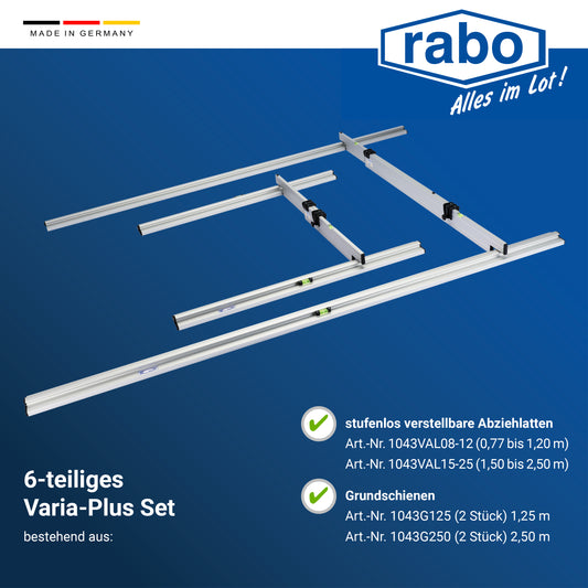RABO Trockenschüttungslehre Varia-Plus Set | 6-teilig | 2 verstellbare Abziehlatten 0,77-1,20m und 1,50-2,50m | 2 Grundschienen 1,25m und 2,50m