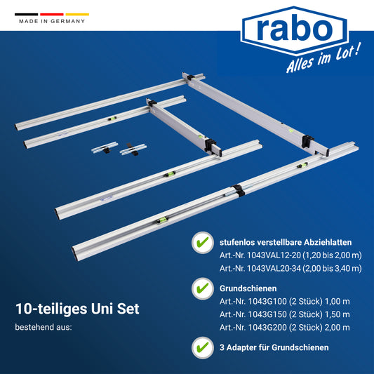 rabo Trockenschüttungslehre Uni-Set | 10-teilig | 2 verstellbare Abziehlatten 1,20-2,00m und 2,00-3,40m | 5 Grundschienen (je 2x 1m und 1,5m + 1x 2m)