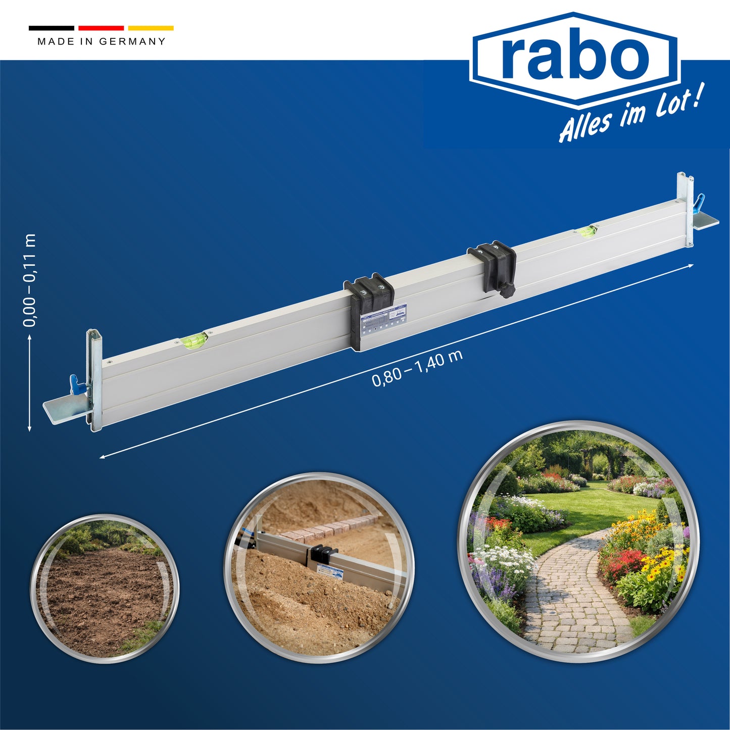 rabo continuously adjustable screed rail with a working width of 0.80-1.40m for outdoor use with 2 variable height stops from 0-11 cm