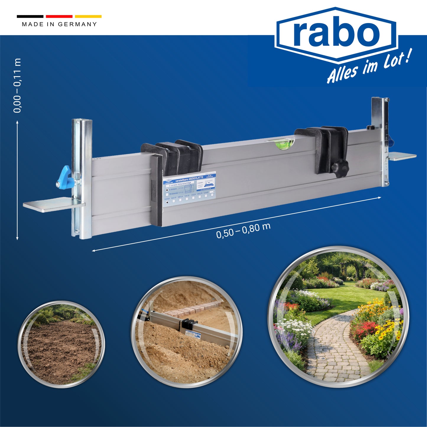 rabo continuously adjustable screed rail with a working width of 0.50-0.80m for outdoor use with 2 variable height stops from 0-11 cm