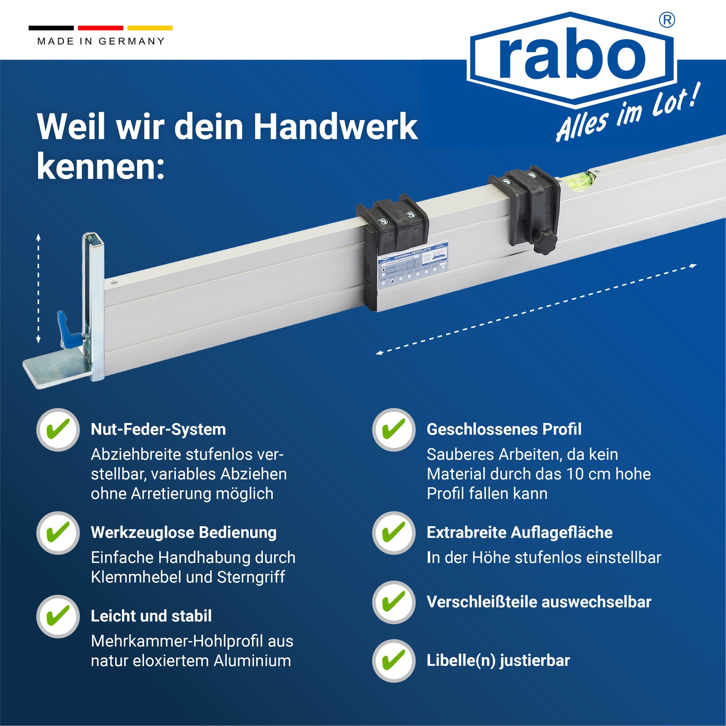 rabo continuously adjustable screed rail with a working width of 0.35-0.60m for outdoor use with 2 variable height stops from 0-11 cm