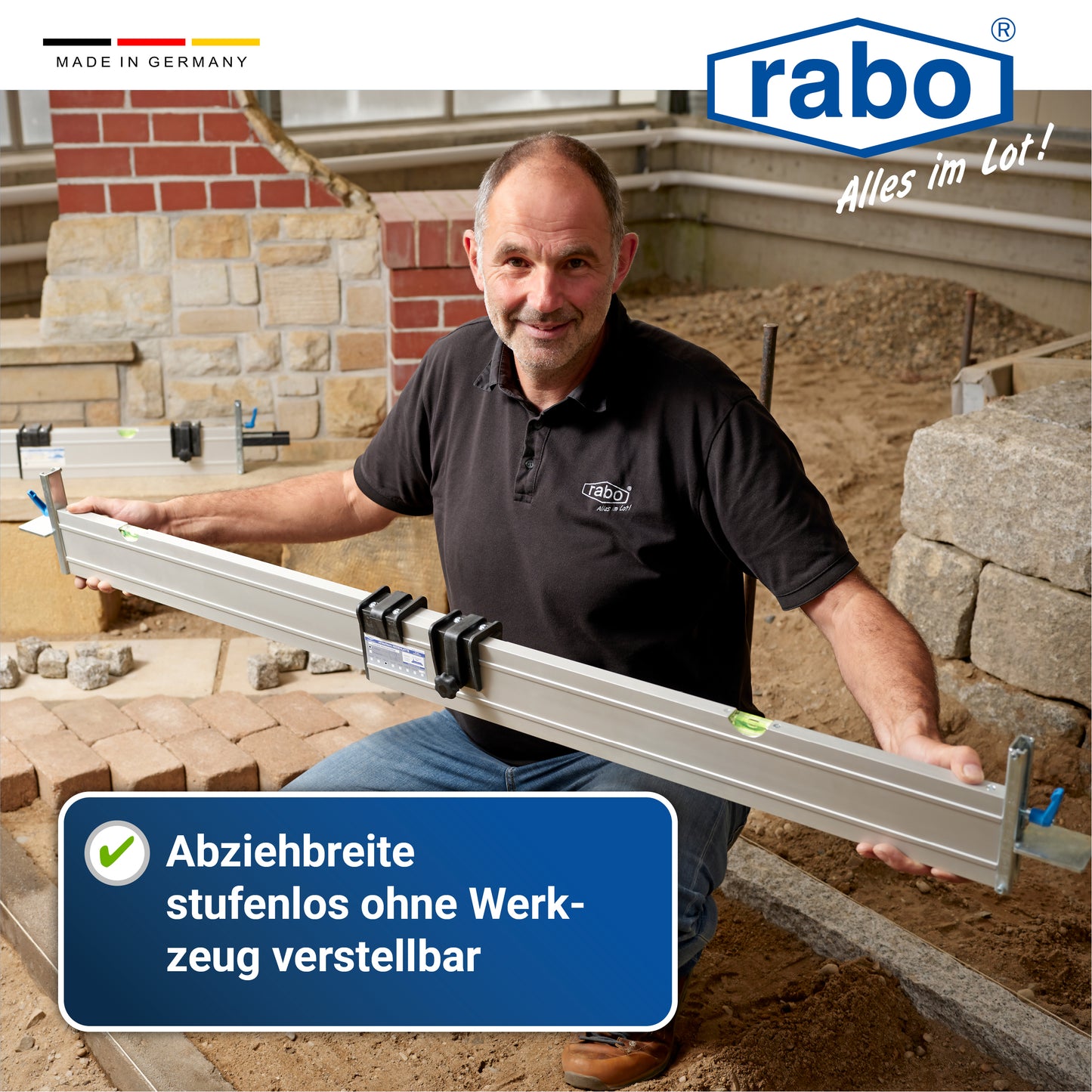 rabo Set B 3-part continuously adjustable leveling bars with a working width of 0.60-2.75m for outdoor use with 2 variable height stops from 0-11 cm each