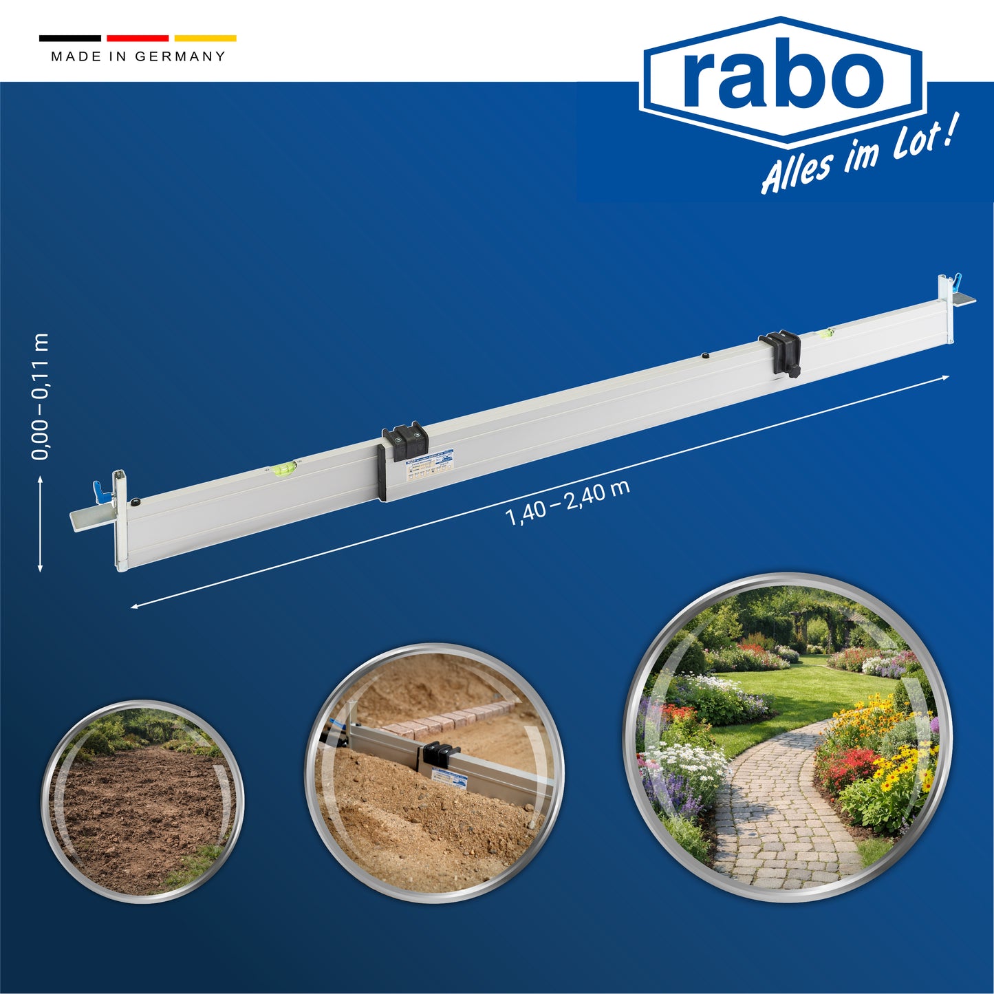 rabo continuously adjustable screed rail with a working width of 1.40-2.40m for outdoor use with 2 variable height stops from 0-11 cm