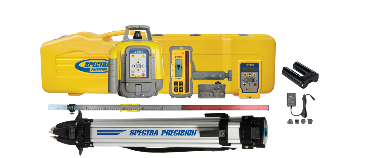 Spectra Rotationslaser HV1305C mit Stativ, Horizontal-/Vertikallaser mit NiMH-Akkus, Flachkopfstativ und Systemkoffer, startklar für die Baustelle