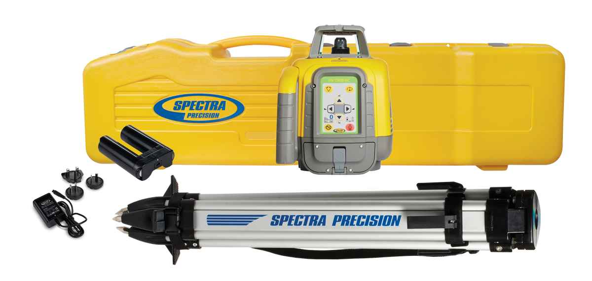 Spectra Rotationslaser HV1305GC mit Stativ, Horizontal-/Vertikallaser mit NiMH-Akkus, Flachkopfstativ und Systemkoffer
